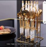 High end quality 24pcs mirror polished golden + white/black cutlery set with stand